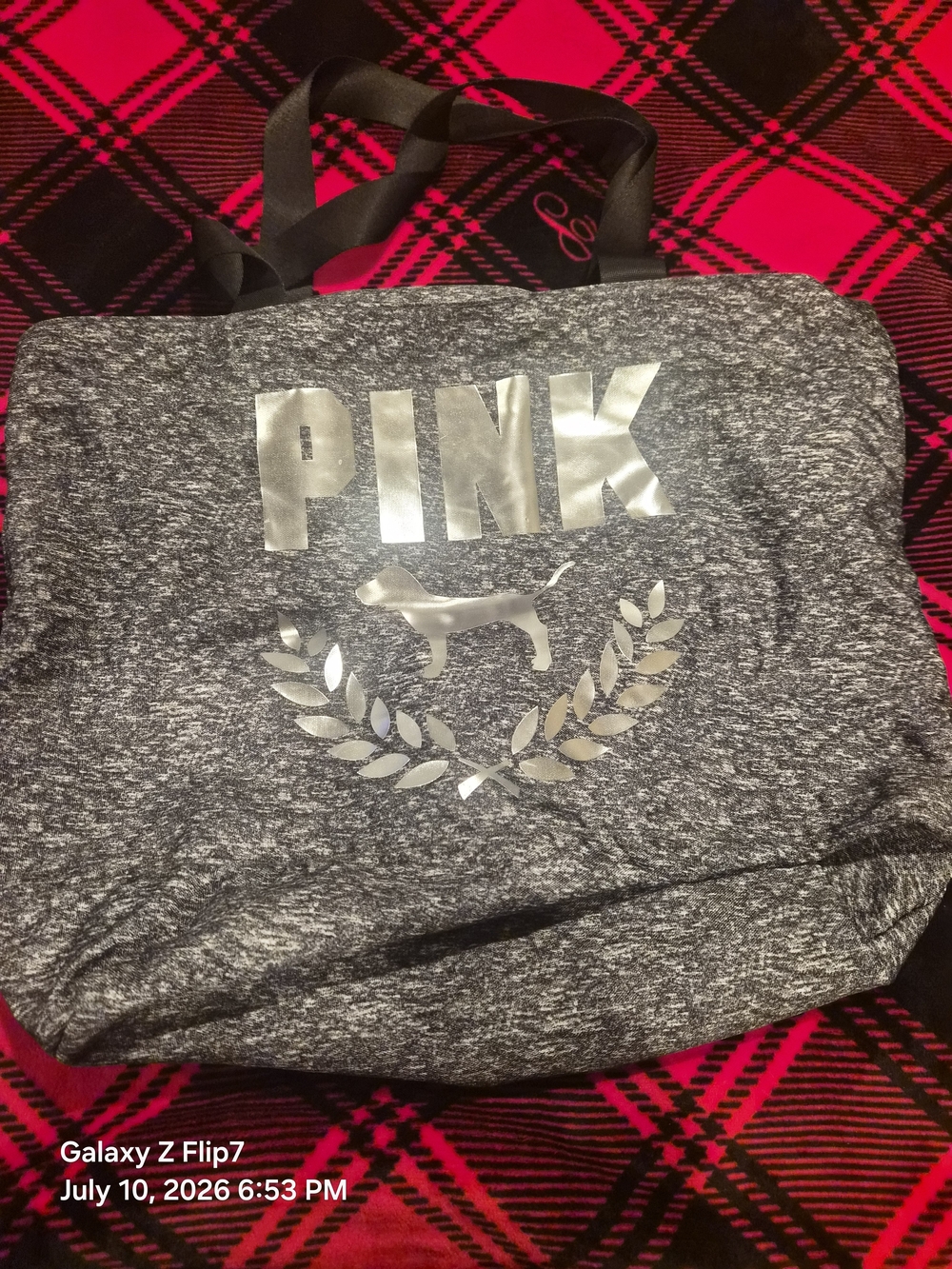 PINK Grey Marled Tote with Metallic Logo